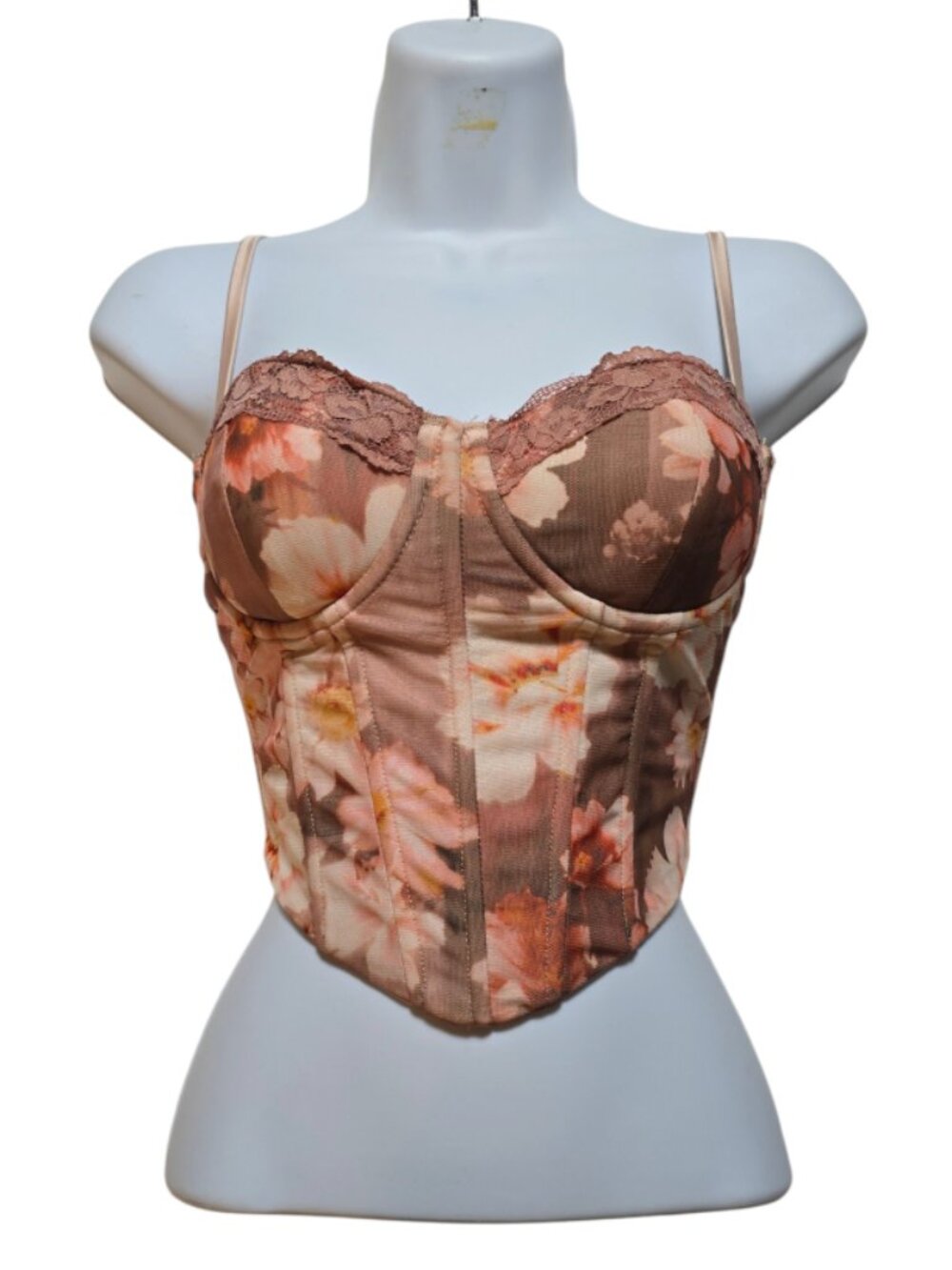 Windsor Pink Floral Mesh Lace Up Corset Bustier Top Romantic Y2K